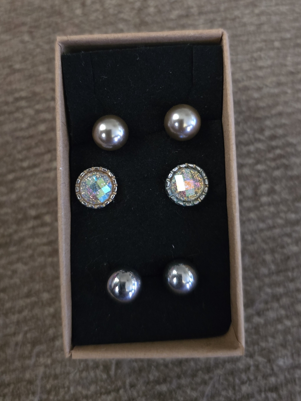 3-Pair Gray Pearl and Iridescent Stud Earring Set